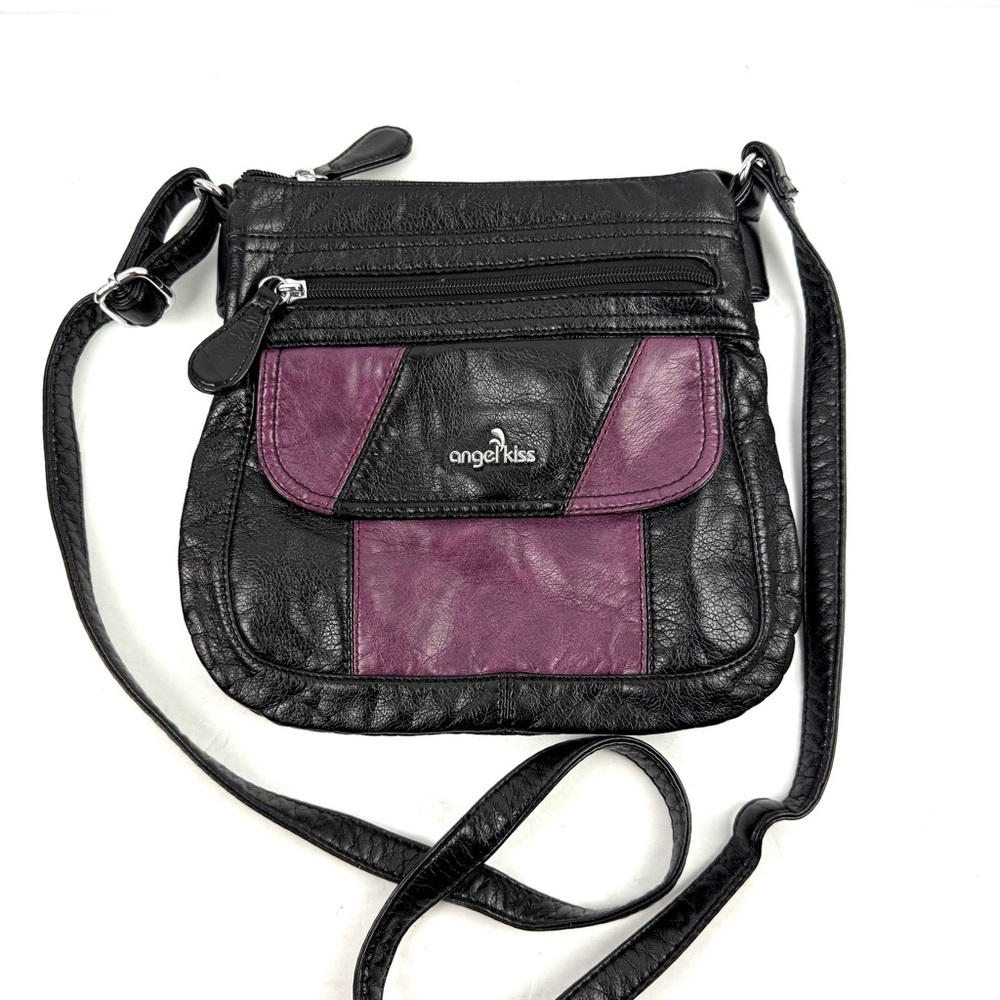 Angel Kiss Crossbody Bag Black Purple‎ Soft Faux Leather Handbag Purse